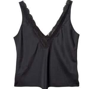 VTG Lady Lynne Lace Edge V-Neck & Straps Nylon Blend Camisole Black Women L
